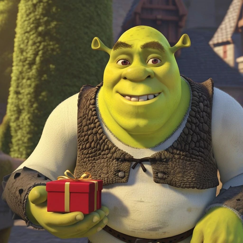 animated shrek receiving gift, ultra sharp, 4K