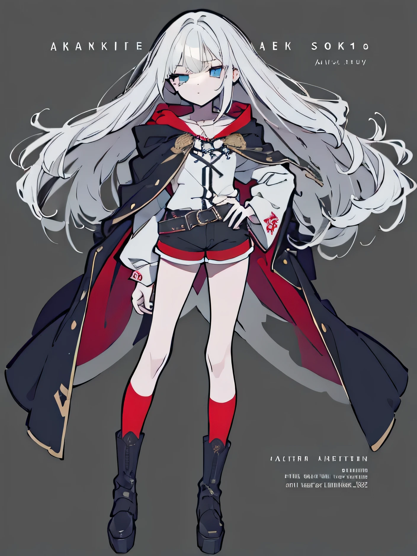 White hair，Waist-length hair，beautiful girl，No Expression，whole body，Height 145 cm，Black shawl cloak，A cloak that covers the body，Different world，HD，8K，detail，whole body，Over the knee socks，Red vest，Black shorts，Ankle boots，No background，With hands，Normal hand,Bright eyes