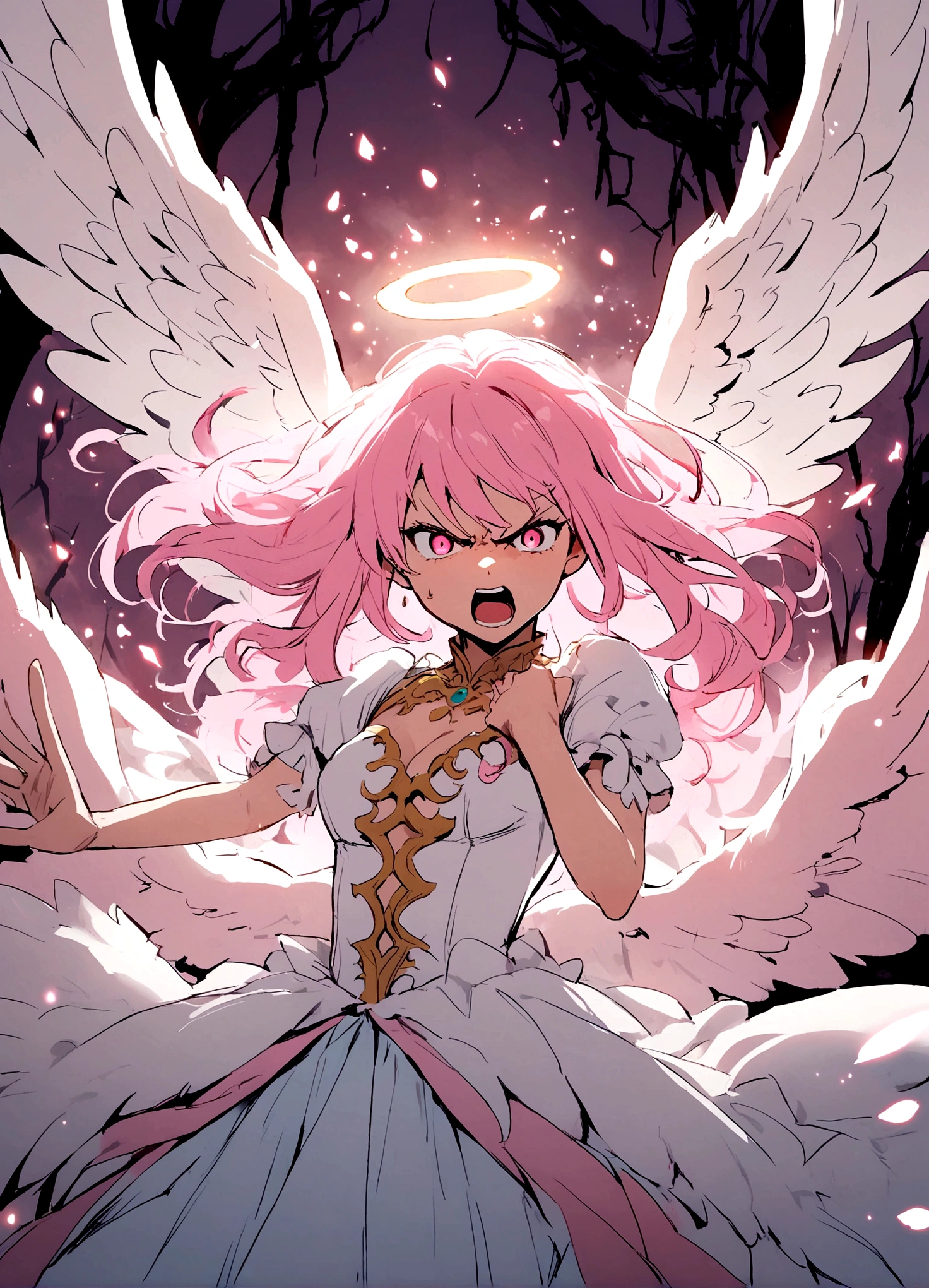 ,angel,wings,pale pink hair,angry