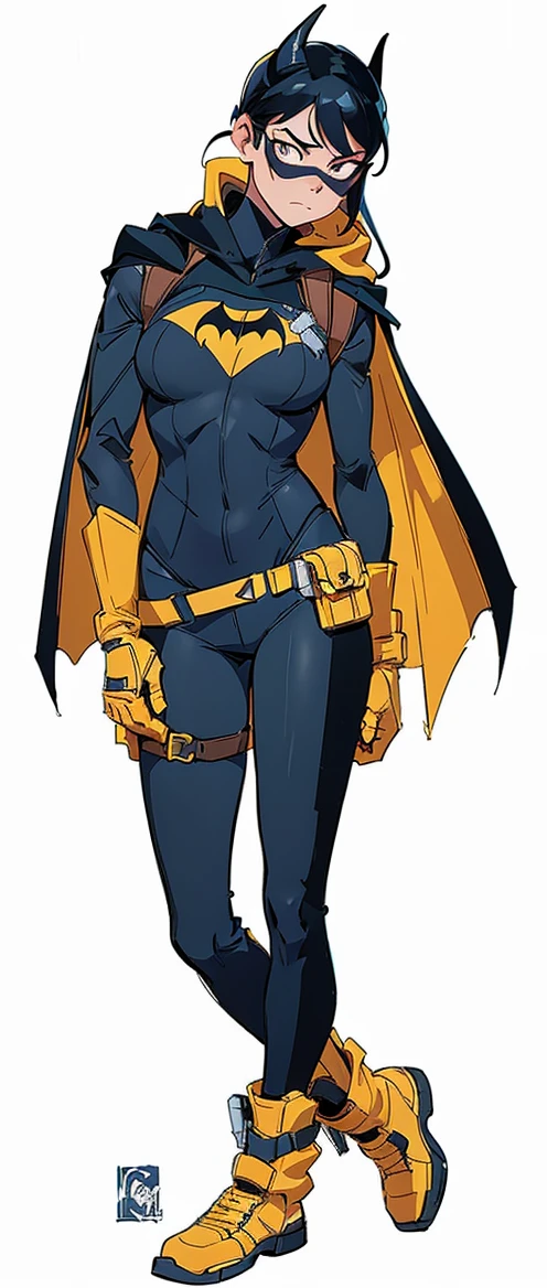 I want you to create a Disney 2D animation style fanart.   Make a Batgirl fanart, Batgirl's uniform in 2022, particularly in the comics, is functional and practical, standing out for its utilitarian design and without sexualizing the character's body.  The costume consists of:

 1. **Hood and mask**: A hood that covers the entire head, leaving only the face visible, with a black mask that protects Batgirl's identity.

 2. **Cape**: A black cape that reaches the ankles, with a yellow interior, allowing greater visibility and a striking look.

 3. **Armor**: An armored vest that protects the torso, with the bat symbol in yellow on the chest.  This vest is fitted to offer protection without compromising mobility.

 4. **Gloves**: Long gloves, generally black, with reinforcement on the fingers and wrists, ensuring protection and functionality.

 5. **Pants**: Fitted but not tight pants, made of resistant and flexible material, allowing quick and agile movements.

 6. **Boots**: Knee-high boots, with non-slip soles and reinforcements on the shins, providing extra protection and support during combats and chases.

 7. **Utility Belt**: A utility belt around the waist, with multiple compartments for storing equipment, gadgets, and non-lethal weapons such as Batarangs and smoke bombs.

 This costume was designed with a focus on practicality and protection, allowing Batgirl to be efficient in combat and in her vigilante activities, without compromising her integrity or sexualizing her image.