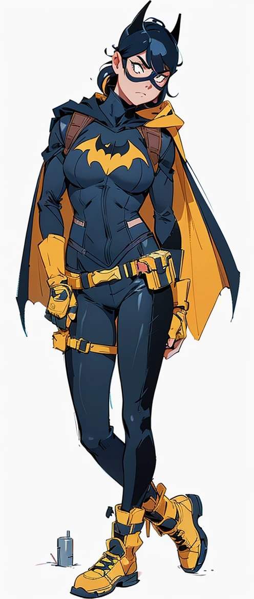 I want you to create a Disney 2D animation style fanart. Make a Batgirl fanart, Batgirl's uniform in 2022, particularly in the comics, is functional and practical, standing out for its utilitarian design and without sexualizing the character's body. The costume consists of:
1. **Hood and mask**: A hood that covers the entire head, leaving only the face visible, with a black mask that protects Batgirl's identity.
2. **Cape**: A black cape that reaches the ankles, with a yellow interior, allowing greater visibility and a striking look.
3. **Armor**: An armored vest that protects the torso, with the bat symbol in yellow on the chest. This vest is fitted to offer protection without compromising mobility.
4. **Gloves**: Long gloves, generally black, with reinforcement on the fingers and wrists, ensuring protection and functionality.
5. **Pants**: Fitted but not tight pants, made of resistant and flexible material, allowing quick and agile movements.
6. **Boots**: Knee-high boots, with non-slip soles and reinforcements on the shins, providing extra protection and support during combats and chases.
7. **Utility Belt**: A utility belt around the waist, with multiple compartments for storing equipment, gadgets, and non-lethal weapons such as Batarangs and smoke bombs.
This costume was designed with a focus on practicality and protection, allowing Batgirl to be efficient in combat and in her vigilante activities, without compromising her integrity or sexualizing her image.