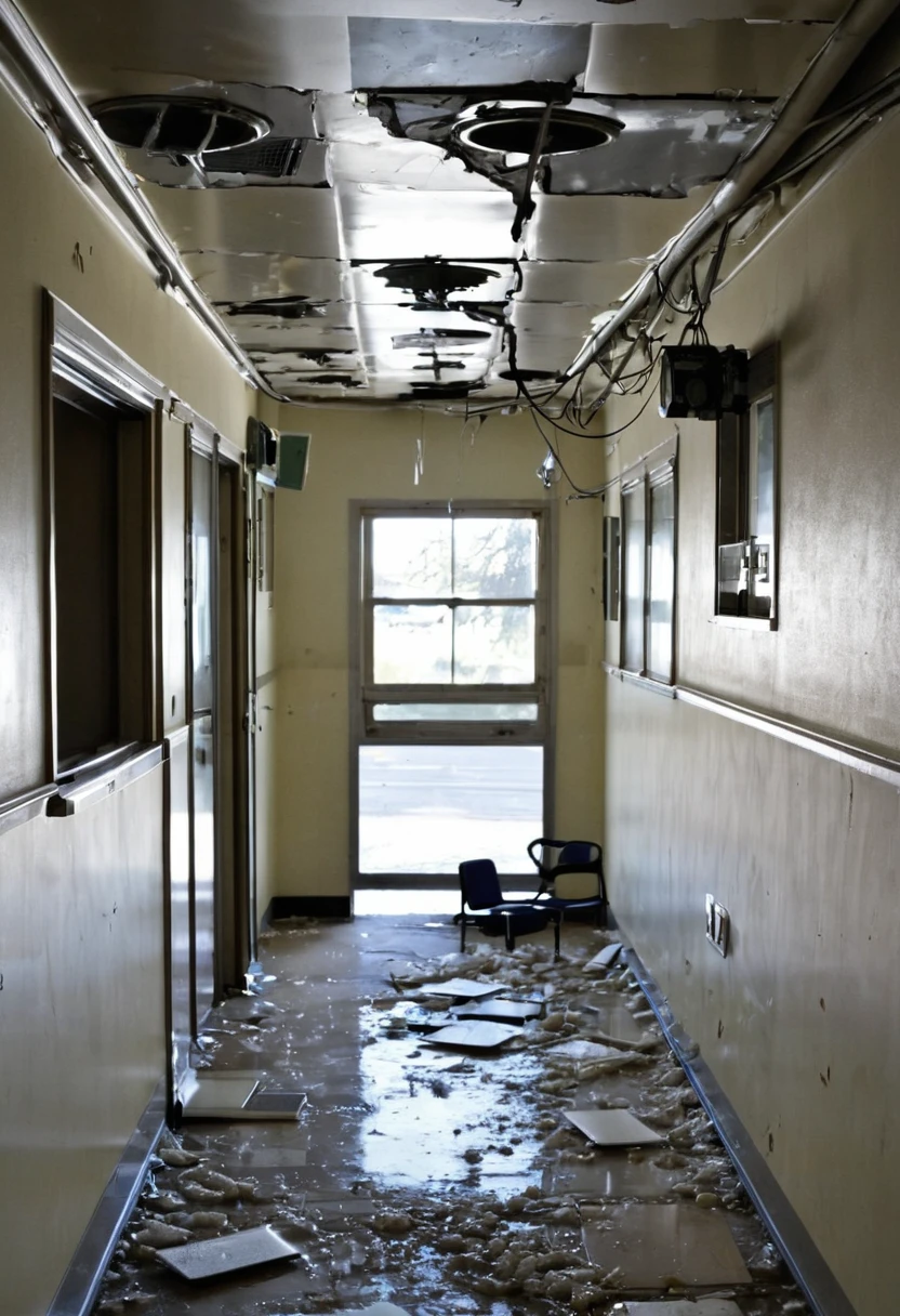 Hallway in front of the hospital room ruins Signs of vandalism Props such as collapsing hospital beds The ceiling panels have come off and cords are hanging down.