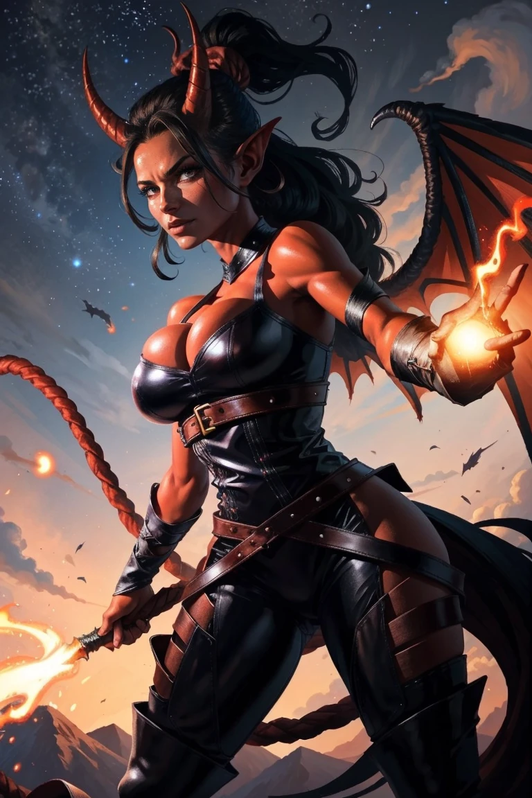 Red skin succubus tiefling, huge breasts, black horns, wings, huge tail, black leather, tall, toned, graceful, thin, long black ponytail. Action scene, whip. Dark scene, explosions, night sky.