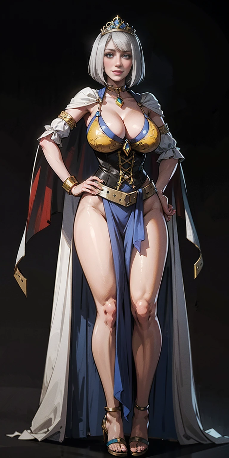 ((BLACK BACKGROUND,1:2, masterpiece)), full body BIMBnding with two long thighs and two high heels, red eyes, silver white hair, short bob style hair, big brease, separate stiara royal, long cape up to two feet, yellow bikini, hands on waist, navel, lustful smirking smiling, smface (red blushed, red cheeks), metal shoulders, gold sleeveless armbands, black leather choker slave collar, shackle bracelets, sex slave red crest, full body M BIMBO standing with two long ts andmetal sandals, red eyes, silver white hair, short bob style hair, big breasts, cleavage, separate sleeves, tiaong cape up tet, yellow bikini, hands on waist, navel, lustful smirking smiling, smile face (red blushed, red cheeks),al shoulders, gold sleeveless armbands, black leather choker slave collar, shackle bracelets, sex slave red crest, pauldrons, breastplate, corset, eye focus, fulody, whole body. 1solo . slave f, loincloth standing, hands on hips, metal sandals, bacack, choker, big belt, view from below, feet together, bracers, tiara)
