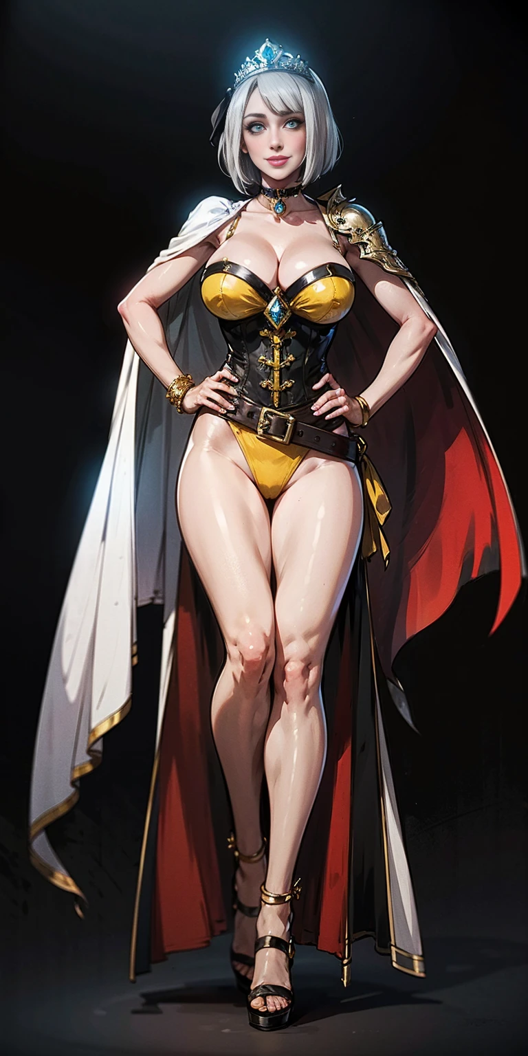 ((BLACK BACKGROUND,1:2, masterpiece)), full body MILF BIMBO standing with two long thighs and two high heels, red eyes, silver white hair, short bob style hair, big breasts, cleavage, separate sleeves, tiara royal, long cape up to two feet, yellow bikini, hands on waist, navel, lustful smirking smiling, smile face (red blushed, red cheeks), metal shoulders, gold sleeveless armbands, black leather choker slave collar, shackle bracelets, sex slave red crest, full body MILF BIMBO standing with two long thighs and two metal sandals, red eyes, silver white hair, short bob style hair, big breasts, cleavage, separate sleeves, tiara royal, long cape up to two feet, yellow bikini, hands on waist, navel, lustful smirking smiling, smile face (red blushed, red cheeks), metal shoulders, gold sleeveless armbands, black leather choker slave collar, shackle bracelets, sex slave red crest, pauldrons, breastplate, corset, eye focus, full body, whole body. 1solo . slave fighter, loincloth standing, hands on hips, metal sandals, backpack, choker, big belt, view from below, feet together, bracers, tiara)