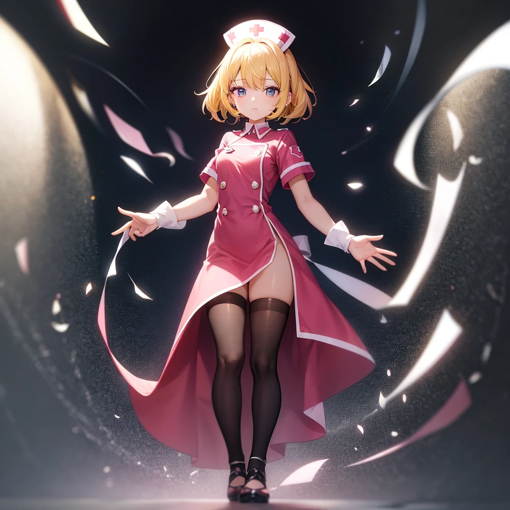 ((nurse)),Pink clothes,Cute  ,Tiny ,Small ,Childish face, Very fine clean face,Top quality,Straight Hair,Yellow hair,(Dark Room), Subtle light, Natural light,Soft lighting,Light from directly behind,(Open your hands), (Are standing),Front view,Black background