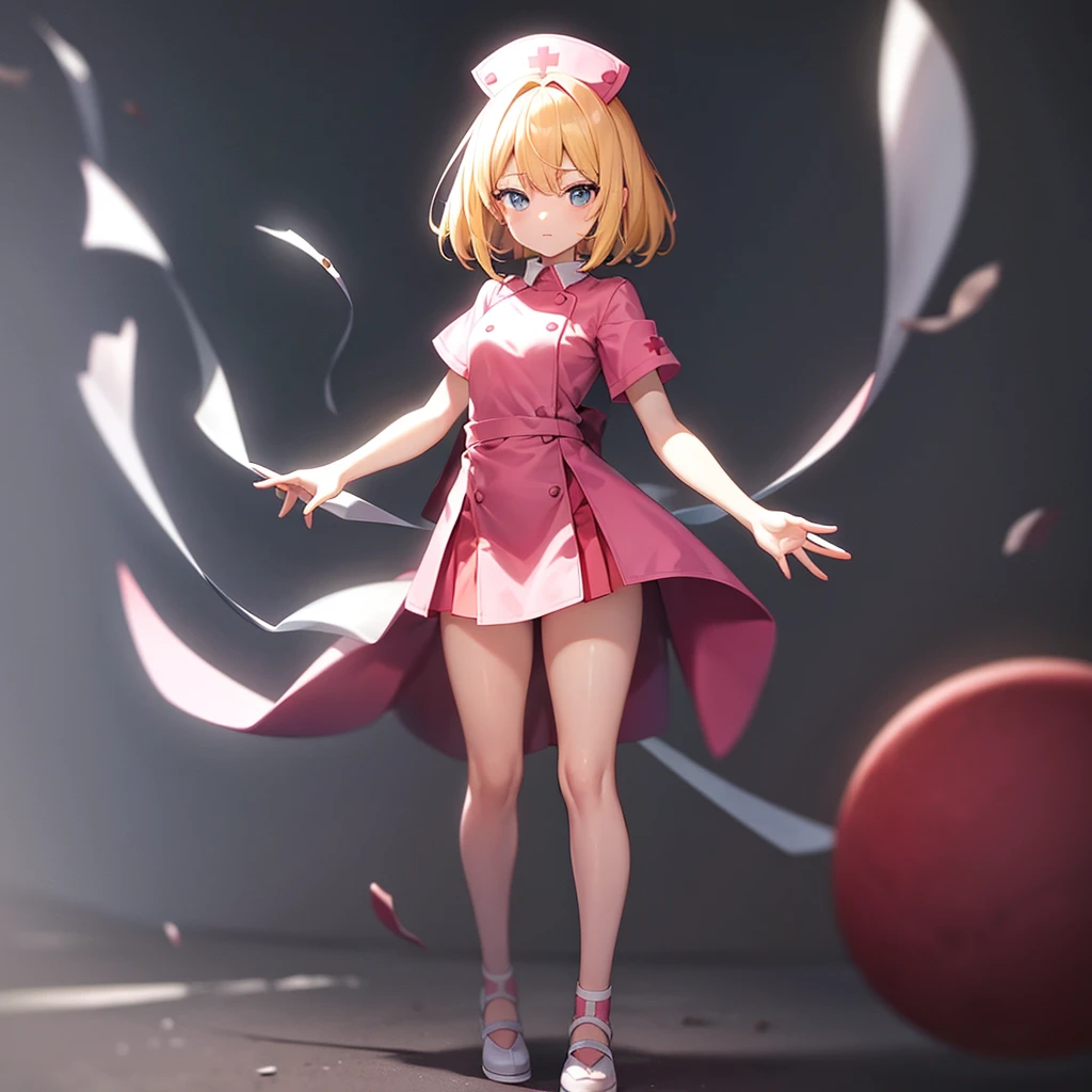 ((nurse)),Pink clothes,Cute little ,Tiny ,Small girl,,Childish face, Very fine clean face,Top quality,Straight Hair,Yellow hair,(Dark Room), Subtle light, Natural light,Soft lighting,Light from directly behind,(Open your hands), (Are standing),Front view,Black background