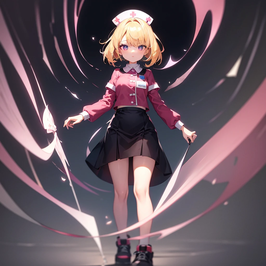 ((nurse)),Pink clothes,Cute  ,Tiny ,Small ,Childish face, Very fine clean face,Top quality,Straight Hair,Yellow hair,(Dark Room), Subtle light, Natural light,Soft lighting,Light from directly behind,(Open your hands), (Are standing),Front view,Black background