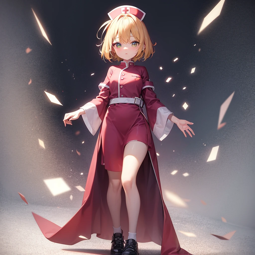 ((nurse)),Pink clothes,Cute little ,Tiny ,Small girl,,Childish face, Very fine clean face,Top quality,Straight Hair,Yellow hair,(Dark Room), Subtle light, Natural light,Soft lighting,Light from directly behind,(Open your hands), (Are standing),Front view,Black background
