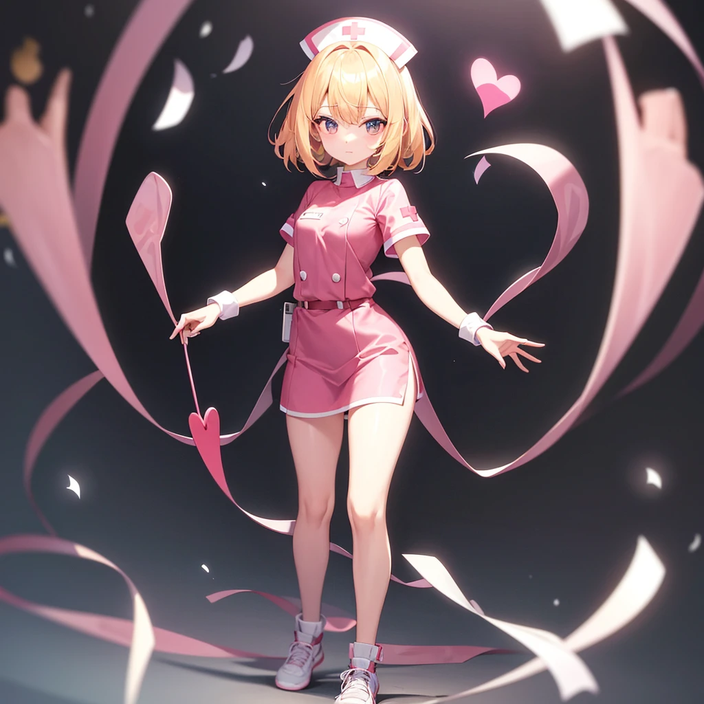 ((nurse)),Pink clothes,Cute little ,Tiny ,Small girl,,Childish face, Very fine clean face,Top quality,Straight Hair,Yellow hair,(Dark Room), Subtle light, Natural light,Soft lighting,Light from directly behind,(Open your hands), (Are standing),Front view,Black background