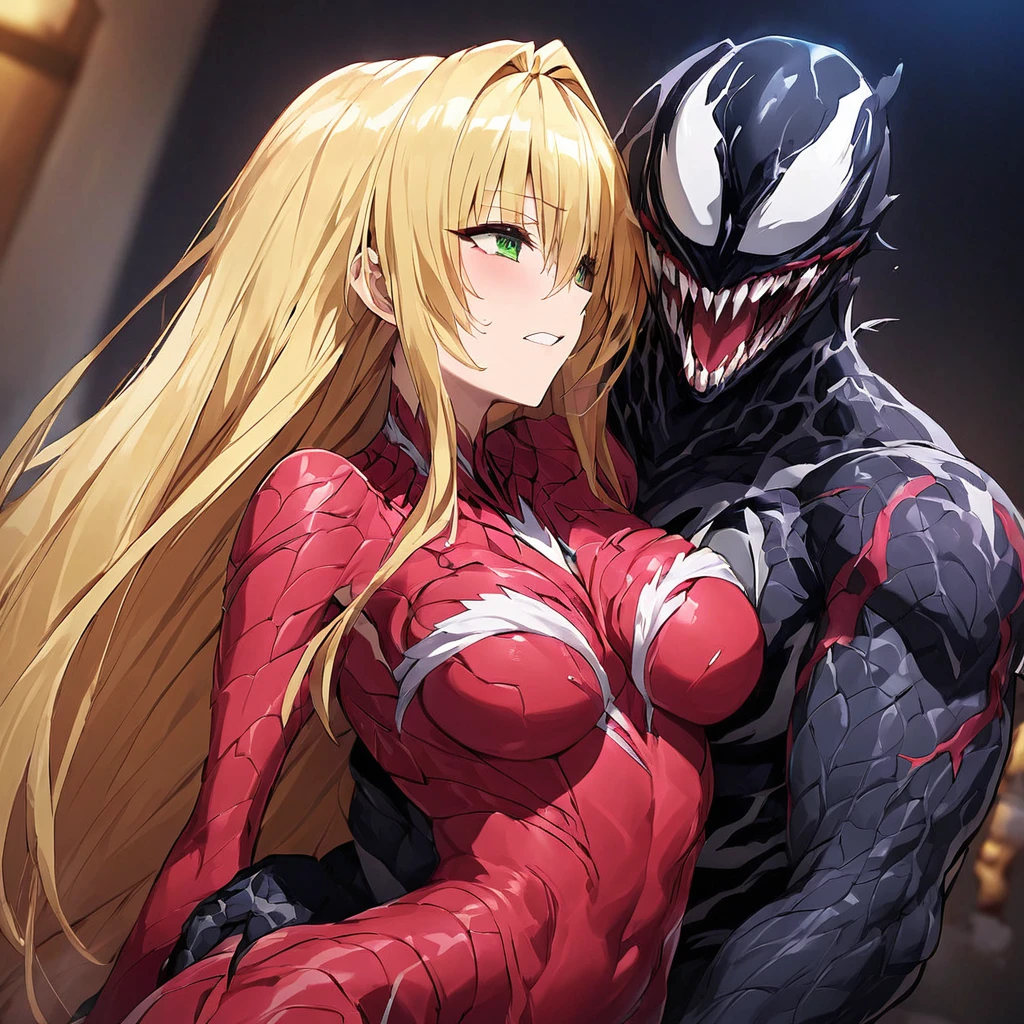 ((Highest quality)), ((masterpiece)), (detailed), （Perfect Face）、The Venom woman is Tearju, a green-eyed, blonde, medium-long-haired female Venom who has completely transformed into Venom and is wearing a red Venom suit that fits her entire body, including her head, covering the entire woman, and she has been reborn as the complete Venom Queen.、The woman is happily embracing the man, Venom King, and having sex.、The man is a Venom King with a strong and dignified body based on dark blue, embracing the woman and having sex with her, loving her.、A happy and loving couple, King and Queen