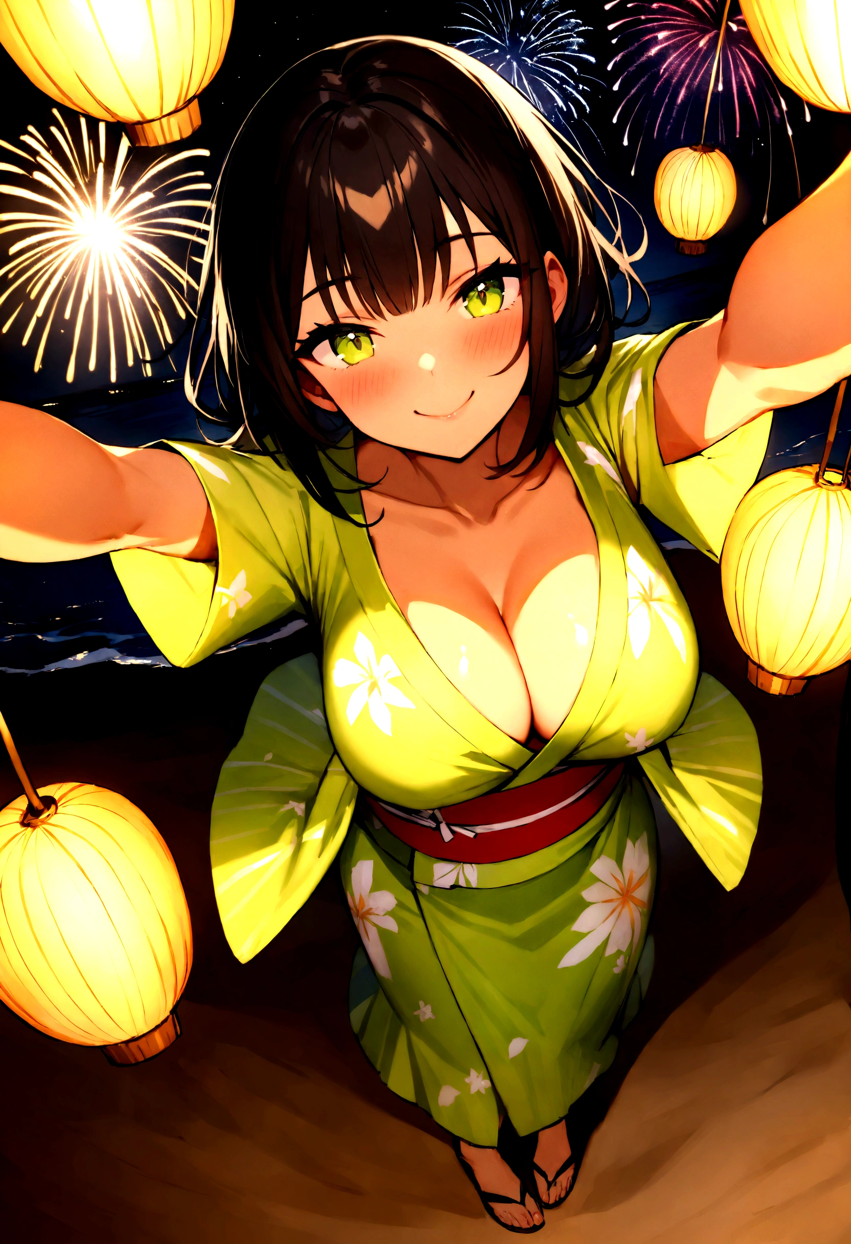 masterpiece, best quality, Summer Kimono,Tanned skin, Flowering, firework, firefly,reed bush, Smile, Dance, Night Sky, from above,Black hair,Summer Festival,Beach