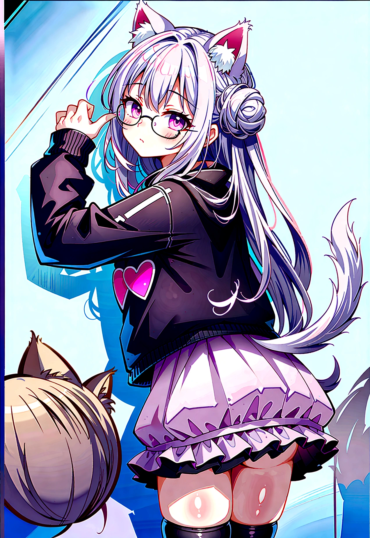 I have white pink hair, cat ears, a bun, my face is super blushing, black glasses, pink heart eyes, a big pink sweatshirt, a black skirt, black stockings, white shoes, a cat's tail, a girl. very shy that she is glued to a wall with her butt