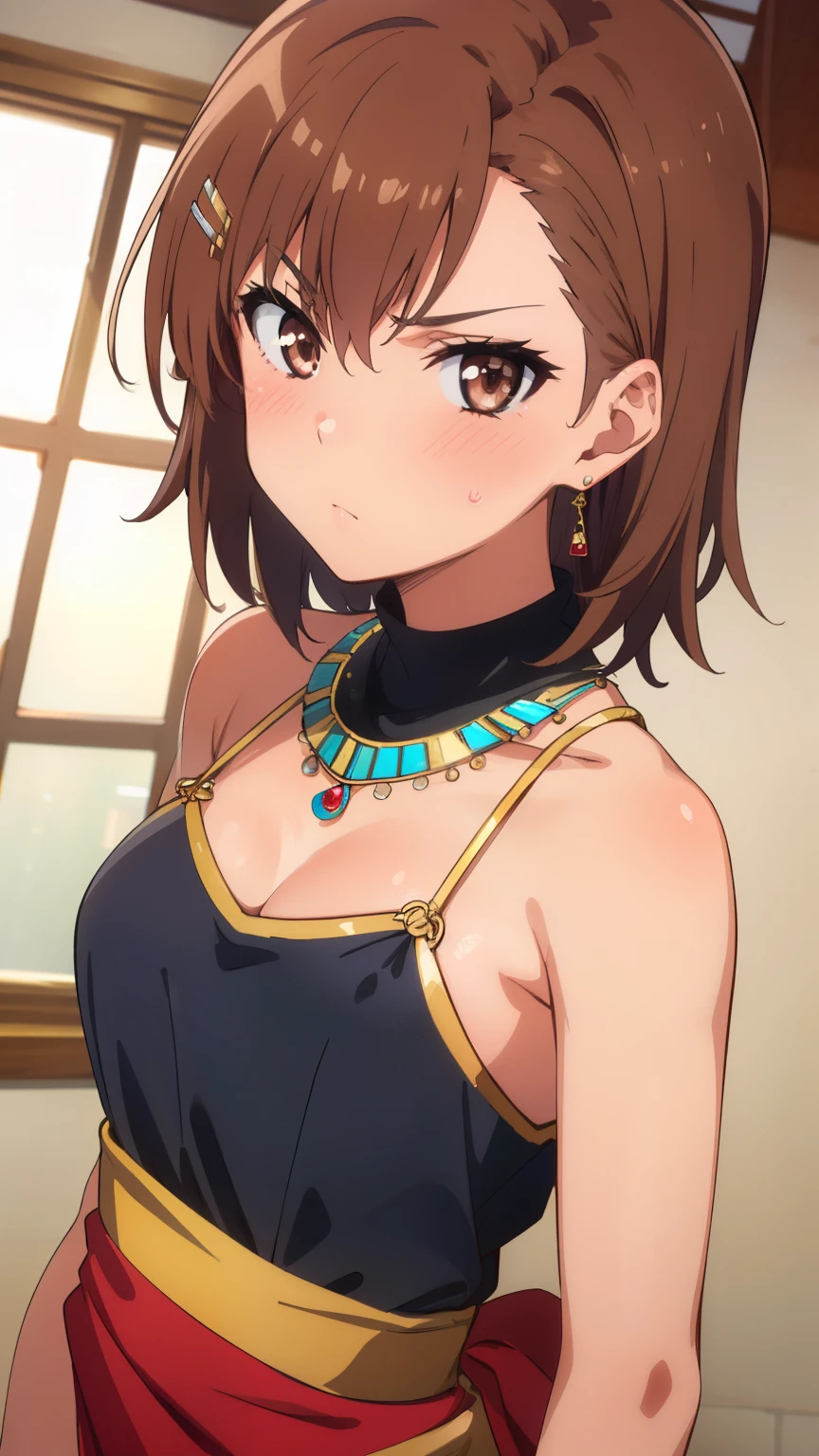 (masterpiece, best quality, 8k:1.2),Very detailed, (anime:1.1), misaka_mikoto, brown hair, medium hair, hairpin, medium breasts, 1girl, (strong, Egyptian costume, earrings, glare, blush), dutch angle, looking at viewer,