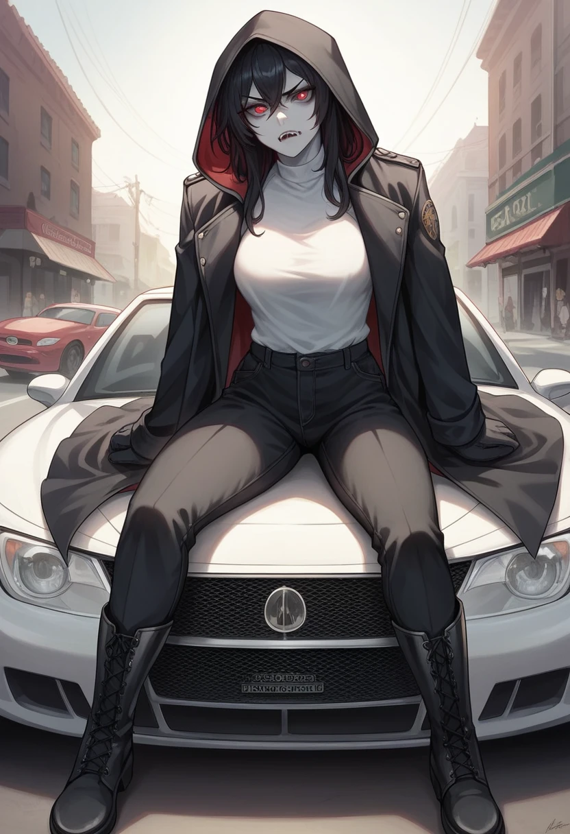 artwork, high quality, high attention to detail, High Definition, well-shaped face and body, detailed face, Women, alone, beautiful, white skin with skin tone, red pupils, long black hair, glare, serious face, fangs, whole body, natural breasts, wears a black trench coat, White shirt, Black pants, black high boots, holding two golden daggers, sitting on the hood of a luxury car, on a street with cars and people in the background