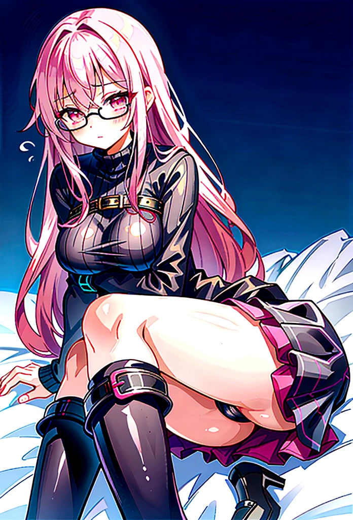 pink hair black glasses pink eyes extremely blushing a large pink sweater short black skirt at the waist chains black stockings that she is a reserved girl her bed that she is on her knees touching her butt