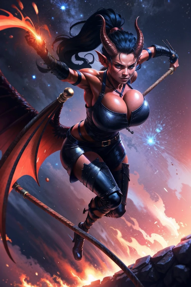 Red skin succubus tiefling, huge breasts, black horns, wings, huge tail, black leather, tall, toned, graceful, thin, long black ponytail. Action scene, whip. Dark scene, explosions, night sky.