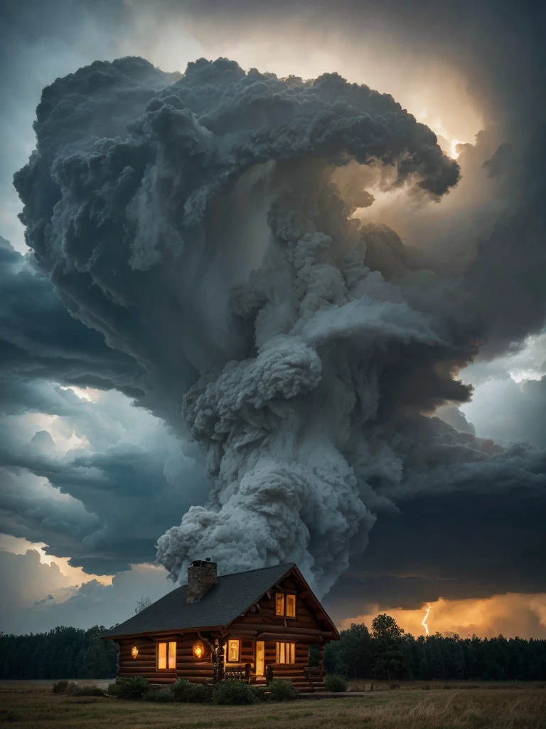 there is a cabin with a fire place on the deck, log cabin, lake house, cottage in the woods, cottage in the forest, wooden cottage, cabin in the woods, beatiful house, idyllic cottage, tiny house, a brick cabin in the woods, log homes, build in a forest near of a lake, cabin, luxurious wooden cottage, amazing lightning art, natural lightning, creepy lightning, arafed tornado cloud in the sky over a field of wheat, beautiful tornado, a massive tornado approaching, thick swirling tornado, tornado of fire, an image of a tornado, tornado twister, fire tornado, tornado, photo of monstrous tornado, blazing fire tornadoes, thick swirling smoke tornado, as a tornado approaches, detailed swirling water tornado, huge storm,