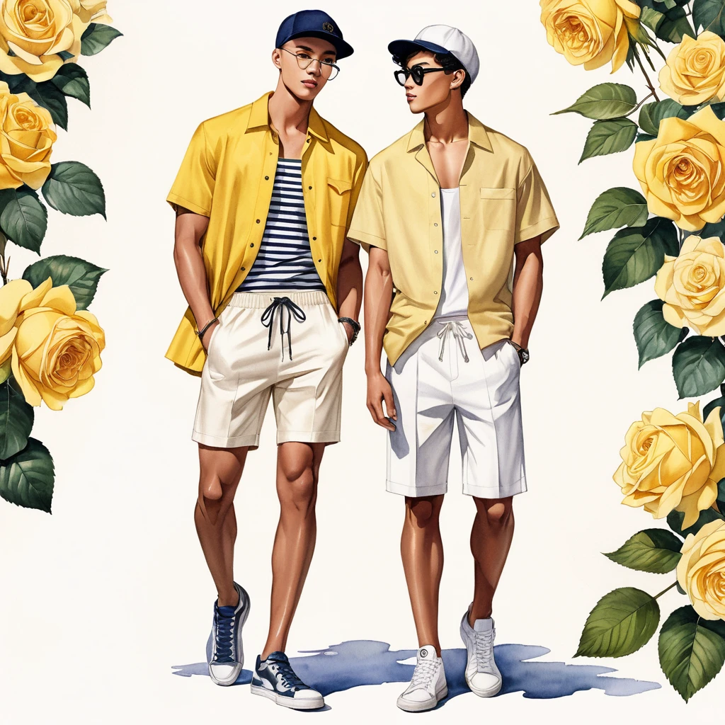 candid fashion illustration of young Mixed race Asian 2man, both aged 18-23 year old, short curly hair, ((showcase fashion look book in linen outfits)), the design inspired of The Charles Darwin rose by David Austin, in elegant chic style. The man wears an oversized short-sleeved shirt with a minimal rose embroidery details, paired with relaxed-fit white Short with Drawstring, He completes his look with sneakers, round glasses. The boyfriend complements him in a  skinny fitted speedo in a stripe pattern, semi bulge, He resemble includes an accessorizes with cap and sneakers, Captured in a low angle, ((full-body image)), ((roses motifs background)), fashion sketching, realistic drawing, ((imperfect water color drawing background)), fashion look book, fashion illustrator, fashion sketch design, gay, gay couple, Charles Darwin rose,  yellow color, The blooms are large and full, with a deep, buttery yellow hue that can sometimes have soft, darker shades of yellow toward the center.