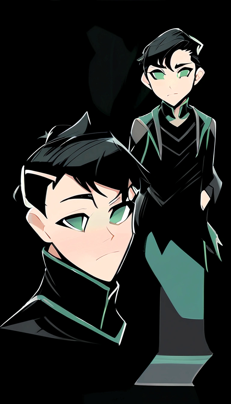 son of loki, green eyes, short black shaved mullet style haircut. wearing formal black shirt with green details, black pants, black shoes, full body image
