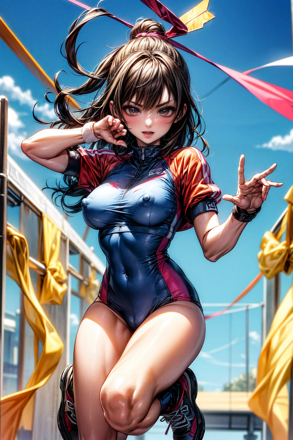 Aerobics Style of the 2000s、sneakers、Detailed picture、girl、25-year-old woman、Dynamic and lively pose、Crotch line、Erect nipples、(Tortoiseshell binding)