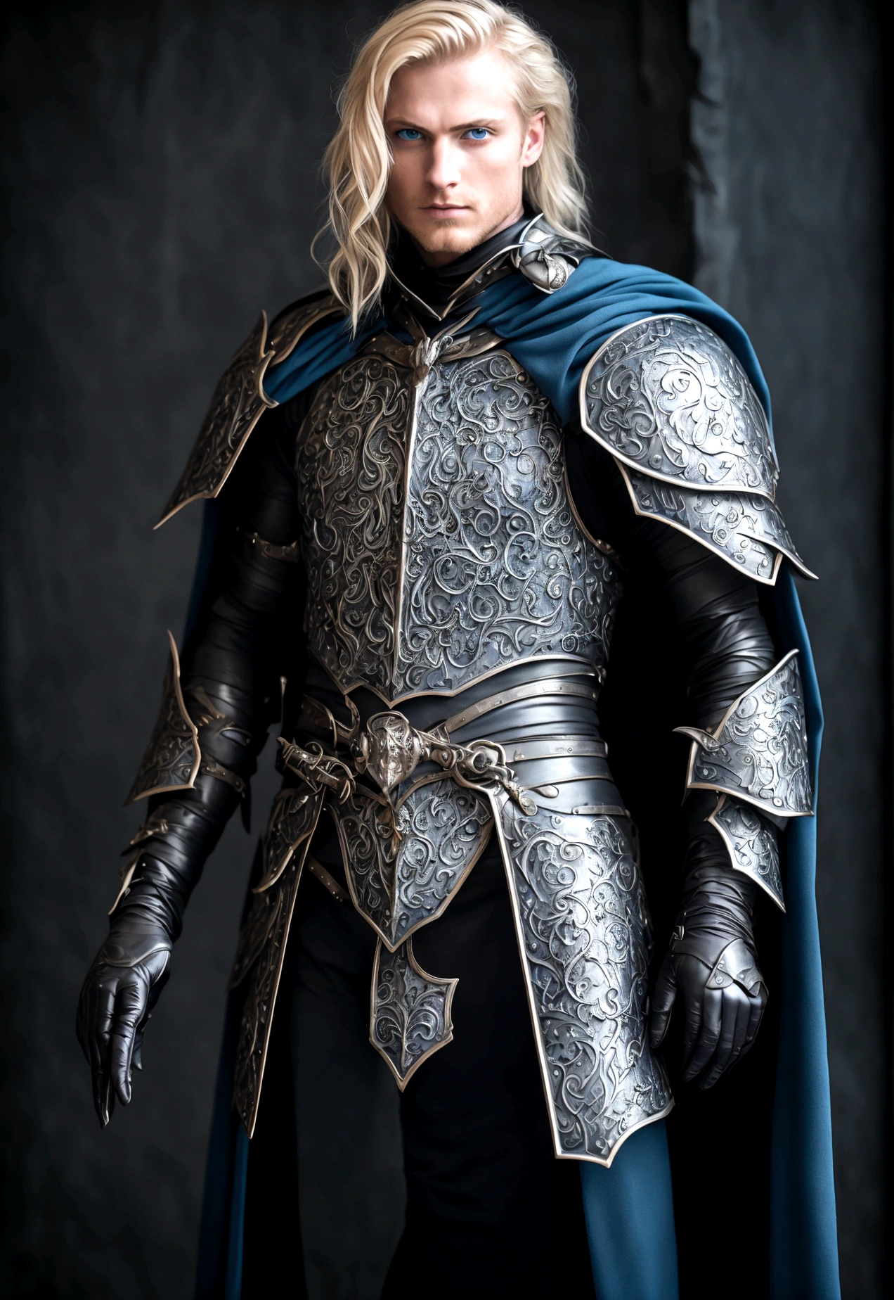 masterpiece, best quality, 1 person, aldult, Male focus, Solitary, Medium Blonde, Vibrant blue eyes, Gloves, Looking at the audience, cape, High quality metal texture, Semi-metallic armor, Shut up, black metalic Gloves, Upper Body, Bangs, Boss,(knowledge base:0.6), Fantasy Aesthetics, Very detailed