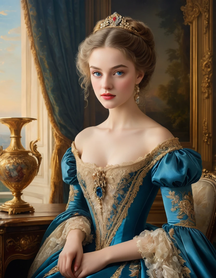 (highres,masterpiece:1.2),(realistic:1.37)A portrait of a French aristocrat girl in the 18th century with unparalleled beauty. She has mesmerizing blue eyes and delicate rosy lips. The portrait is meticulously detailed, capturing every subtle nuance of her features. She is adorned in an exquisite silk gown, embellished with intricate lace and delicate embroidery. The painting showcases the opulence of the era, with lush velvet curtains and gilded furniture in the background. The lighting is soft and diffused, accentuating the girl's ethereal beauty. The colors are vibrant and rich, creating a captivating visual experience. The portrait is created in the style of classical portraiture, reminiscent of the works of renowned artists from the era. It exudes elegance, grace, and sophistication.