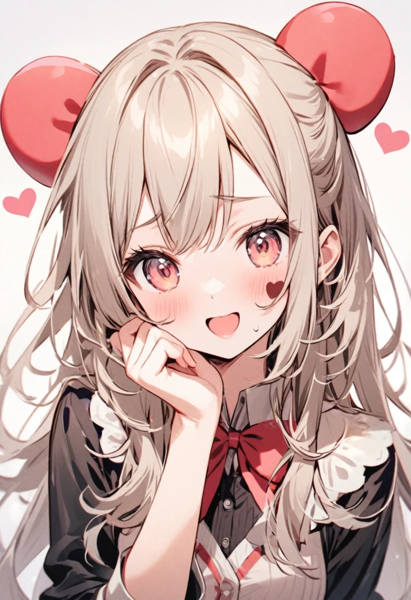 Cute girl makes a heart on her cheek with her hand