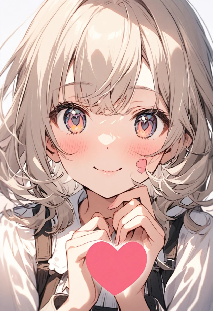 Cute girl makes a heart on her cheek with her hand