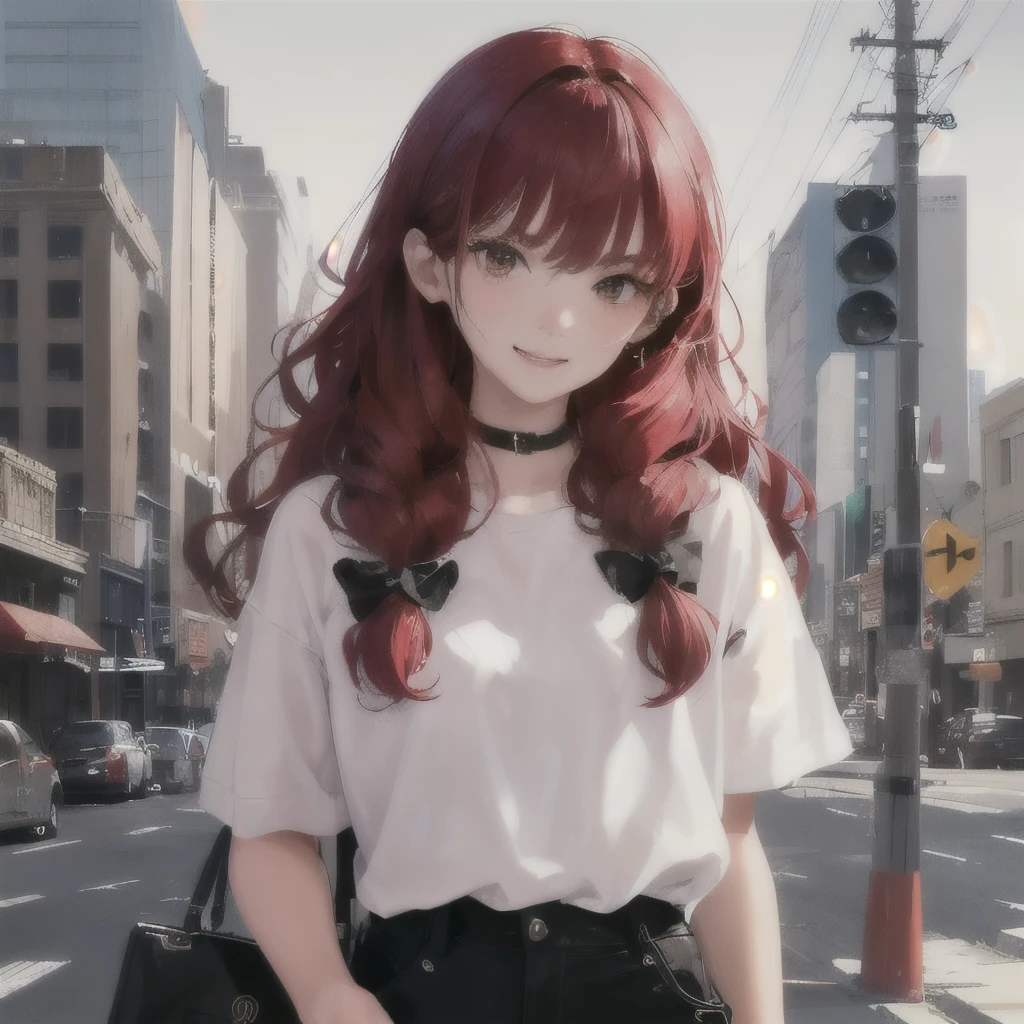 1 girl standing, wearing white and black striped shirt, Very Detail, realisitic, holding a cell phone , 15 years old, long reddish red hair and curly hair 