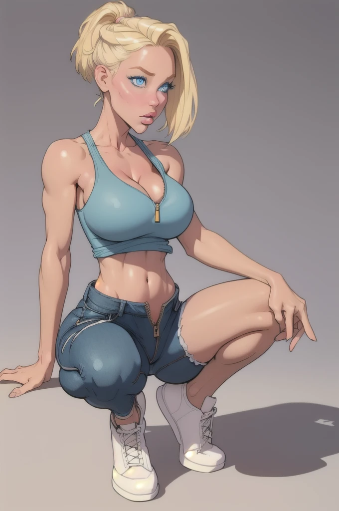 Young female, short blonde hair, big blue eyes, rosy cheeks, wearing a tight blue tank top, with a breasted neckline, with her belly exposed, wearing short denim shorts with an open zipper Crouching