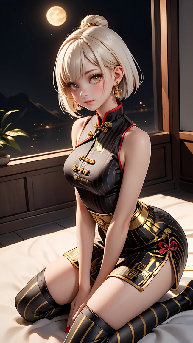 A very beautiful 19-year-old woman, (white hair:1), bob haircut, short hair, (yellow eyes:0.3) bright golden eyes, red nails, young beautiful face, muscular, slim but well-proportioned body, perfect white skin, highly detailed drawing, realistic face. (((Wearing traditional Chinese imperial clothes, black with golden stripes,))) ((red skirt with golden stripes,)) (with red Hanafuda earrings,) (garterbelt black thigh-high socks.) Kneeling on a white bed in an ancient Chinese room, with a full moon and stars visible through the window, with light flashes reflecting on her body. 4k anime art, perfect lighting.