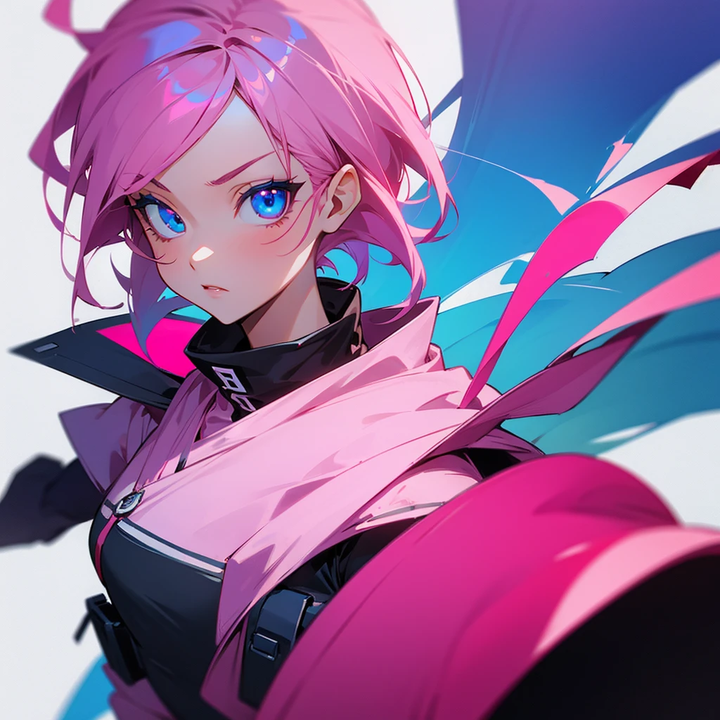 Girl with pink hair, blue eyes, wounded and bleeding, full of blood, dead wound.
