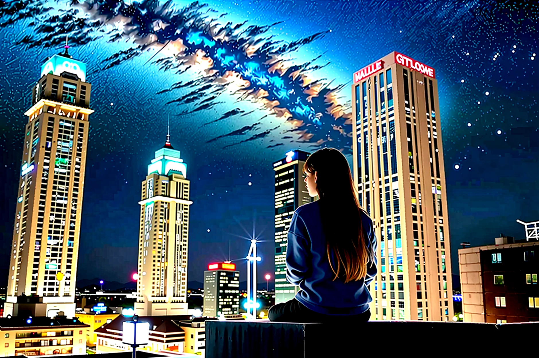 masterpiece, sky, stars (sky), scenery, starry sky, night, one girl, night sky, alone, outdoors, buildings, clouds, milky way, sitting, trees, long hair, city, silhouette, city scape,masterpiece,32k