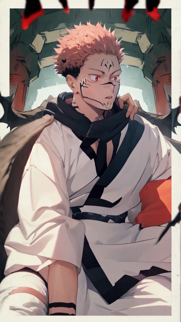 a young man in the story series "Jujutsu kaisen" named "itadori yuji" with a tattooed face, brown eyes, bright red hair, is using the demon domain technique (SUKUNA), and a white kimono shirt, filled with an evil aura colored red, black, with realistic visual effects.