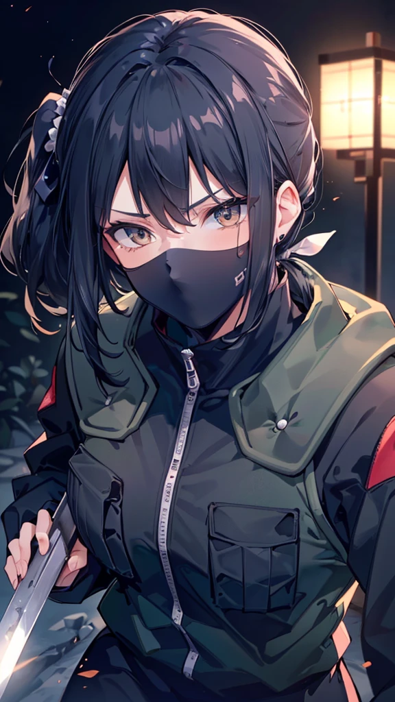 (((Best quality, 8k, Masterpiece: 1.3)), ((best quality)), ((masterpiece)), (detailed), perfect face, black hair, side ponytail, mouth veil, (ninja), female ninja, grim expression, holding a Japanese sword, running in the dark night, ninja costume