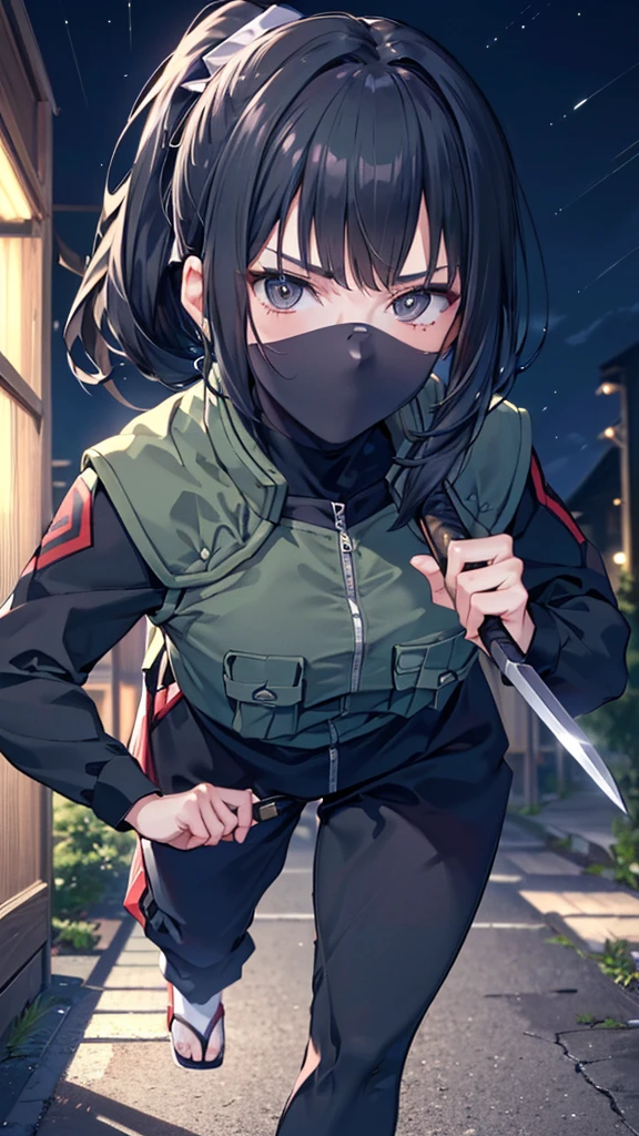 (((Best quality, 8k, Masterpiece: 1.3)), ((best quality)), ((masterpiece)), (detailed), perfect face, black hair, side ponytail, mouth veil, (ninja), female ninja, grim expression, holding a Japanese sword, running in the dark night, ninja costume