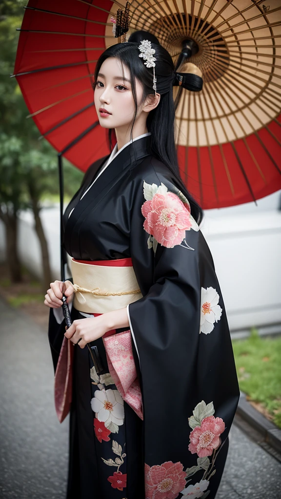 has an elegant and powerful appearance. She wears a modern reinterpretation of traditional Japanese attire, such as a kimono adorned with intricate details. Her long, black hair is often styled with contrasting accents. Kagura wields a large umbrella that serves both offensive and defensive purposes. Her expression is serious and confident, reflecting her skill and strength