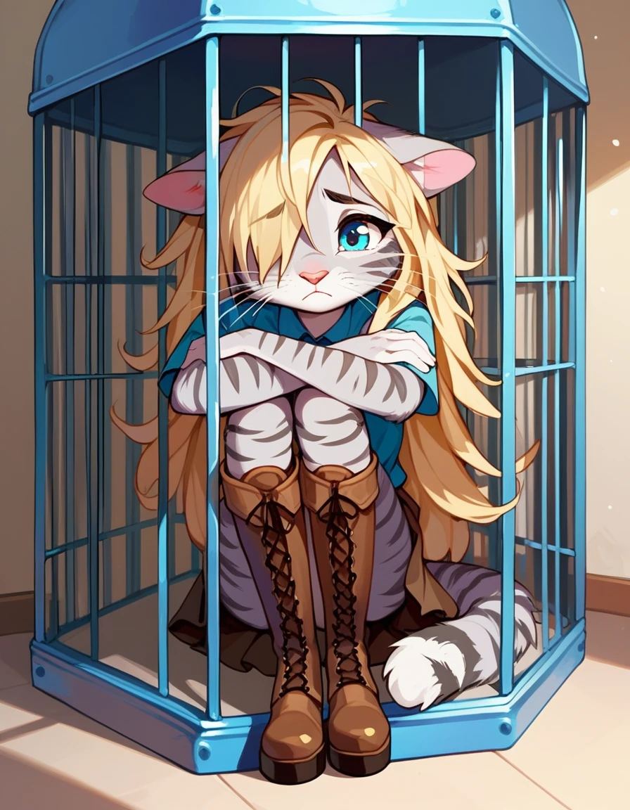 Solo, score_9,score_8_up,score_7_up, source_cartoon, kat, Anthro furry feline, female, short slender body, long blonde hair, long messy hair, hair covering one eye, pink nose, blue eyes, white whiskers, silver fur, grey stripes, furry body, short, young, about 8 years old, wearing ruffled blue blouse, brown skirt, standing, furrowed eyebrows, brown boots, sitting in a cage, the cage is on the back of a carriage, nighttime, she is hugging her knees, sad expression, 