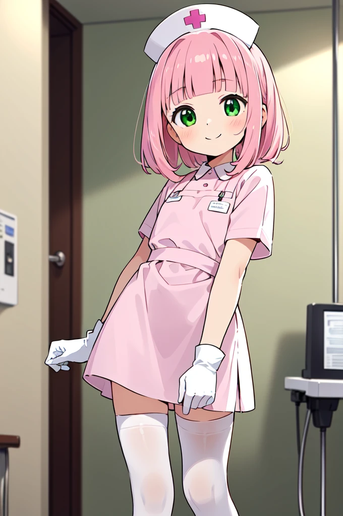 1boy, solo, male focus, nurse, white nurse cap, white nurse uniform, ((white legwear, zettai ryouiki)), white gloves, blunt bangs, pink hair, green eyes, drooping eyes, smile, standing, ((hospital room)), sharp outline, short sleeves, shota, 12 years old, best quality, masterpiece