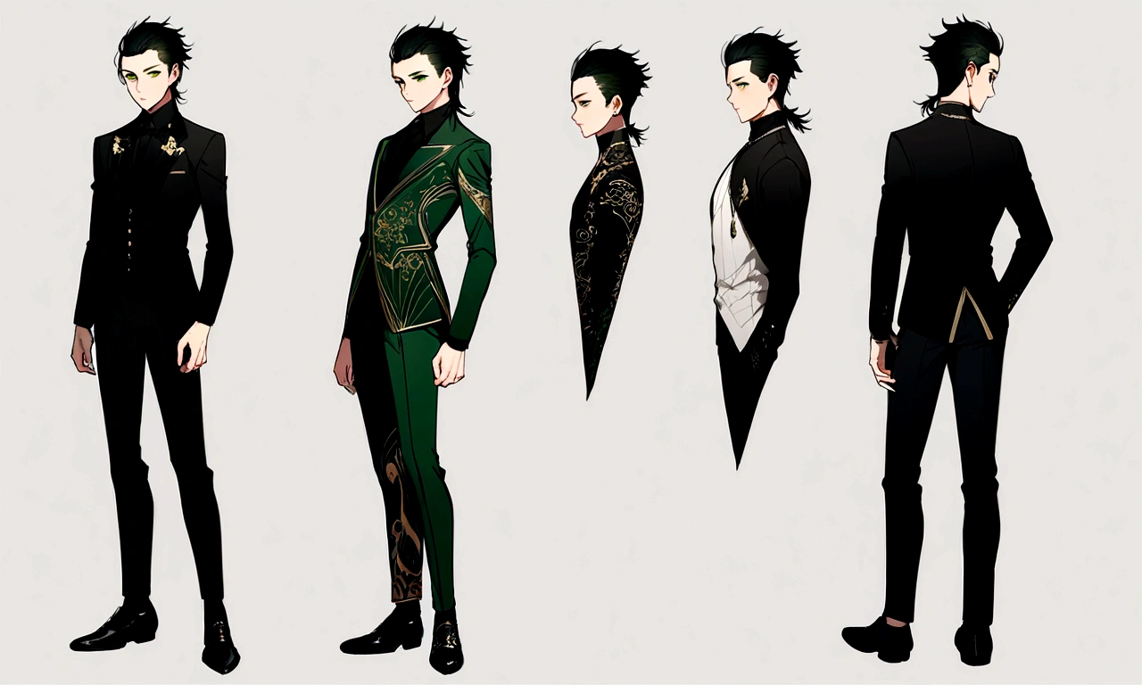 son of loki, green eyes, short black shaved mullet style haircut. wearing formal black shirt with green details, black pants, black shoes, full body image