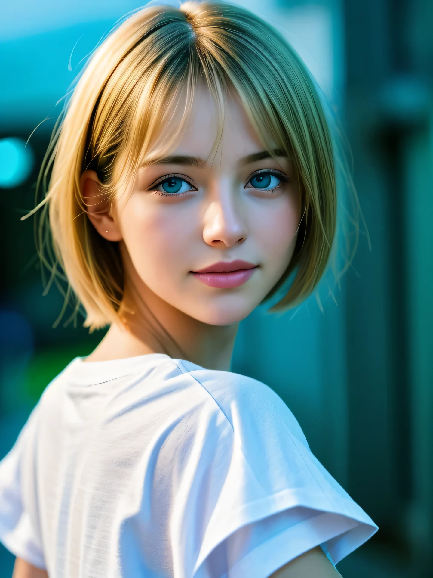 (Photo Real:1.4), (hyper realisitic:1.4), (Smooth lighting:1.05), 1 girl, teenager, blue eyes, happy, shy, smile, (looking away:1.2), Close-up of the face, Soft lighting, Back lighting, (Finest Real Textured Skins), Super fine face, glowy skin, retinas, Anatomically correct, (Blonde short Hair:1.1), bangs, Textured skin, High quality, high details, Best Quality, High resolution, T- shirts