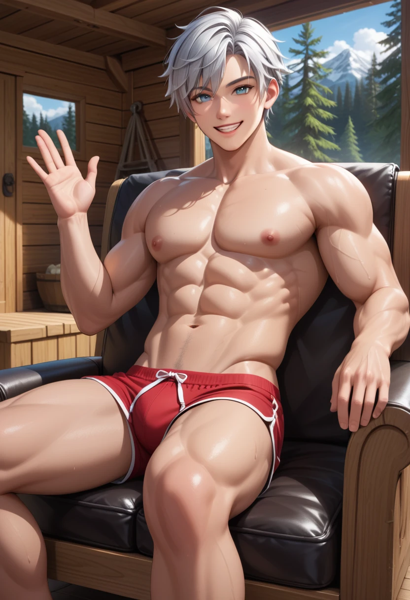 1boy, sitting on an armchair, waving, smile, silver eyes, short and slick white hair, bangs, muscular, trunks, forest cabin, masterpiece quality, intricate detail, 4k resolution, ultra hd