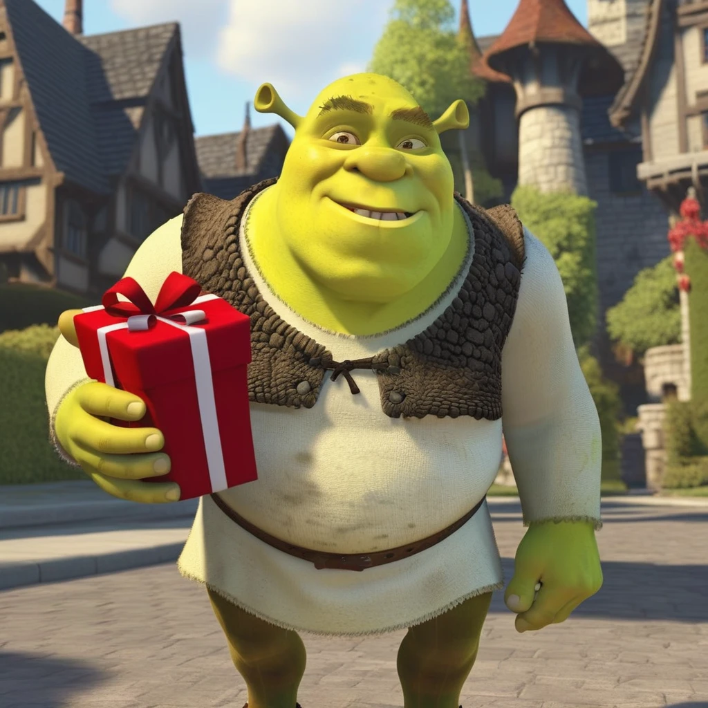 animated shrek receiving big gift, ultra sharp, 4K, birthday
