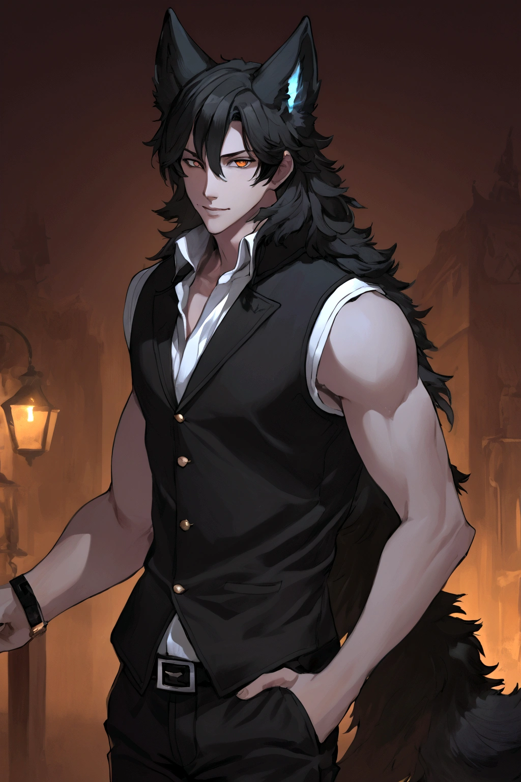 1boy hair:long smooth black, Eyes:black, fur:Clara, body:marked, with wolf ears and tail and (Is a man), Clothes:black sleeveless fitted shirt with high collar, pantalones black, mischievous smile 