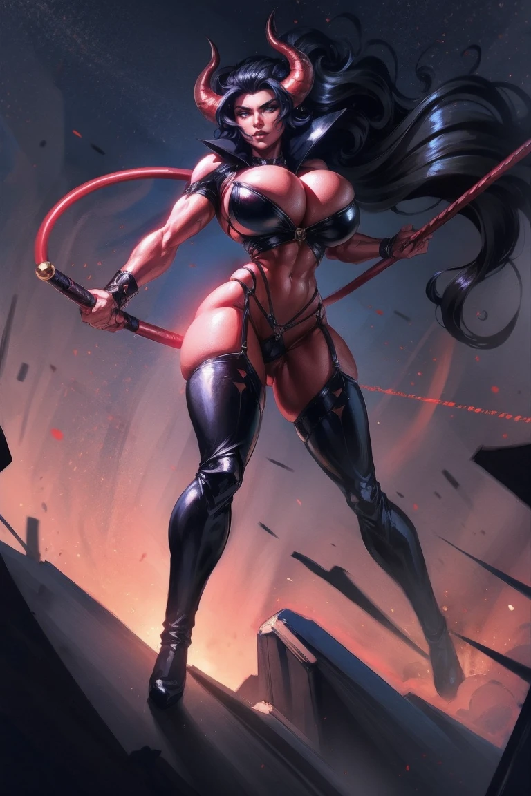 Red skin succubus tiefling, medium breasts, black horns, wings, huge tail, black leather, cleavage, crop top, thong, tall, toned, graceful, thin, long black ponytail. Action scene, whip. Dark scene, explosions, night sky.