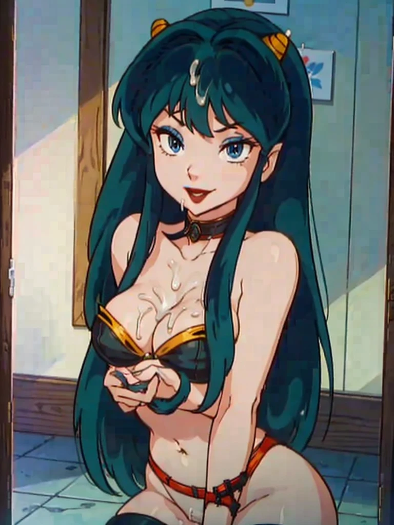 NSFW, masterpiece, (best quality: 1.2), long hair, blue eyes, green hair, big breasts, evil_smile, sexy, ((red lipstick, fishnet stocking)),, ((BUNNY girl)), ((cum shot: 1.5)), (seducing a boy: 1.5)