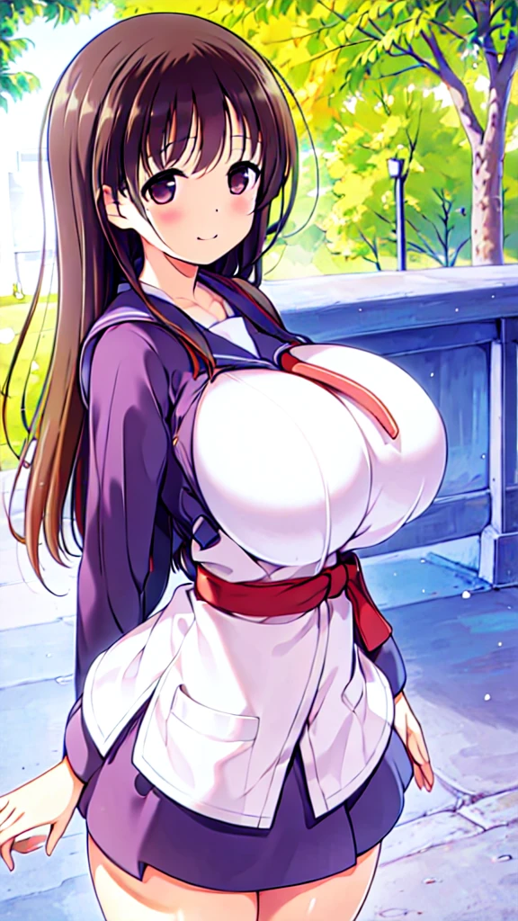 Girl in Priestess Uniform, Kasumi Iwato ,Outfit with open chest, Shoulder-exposing sleeves, Short hakama, smile, looking at viewer, (Huge Breasts:1.4), Inside Japan house, Close-up from the waist up