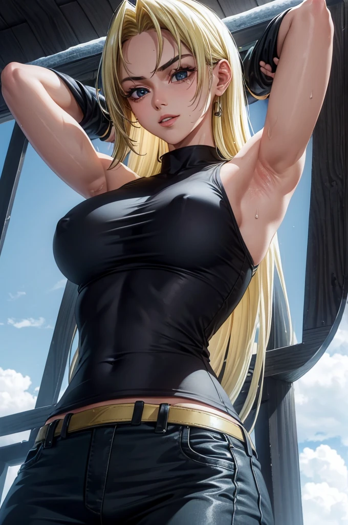 8k high resolution, ultra high quality, detailed face, detailed body, perfect body ,1 girl, blonde long hair, black sleeveless shirt, sixpack, arms up, armpit, sweating, sweaty armpits