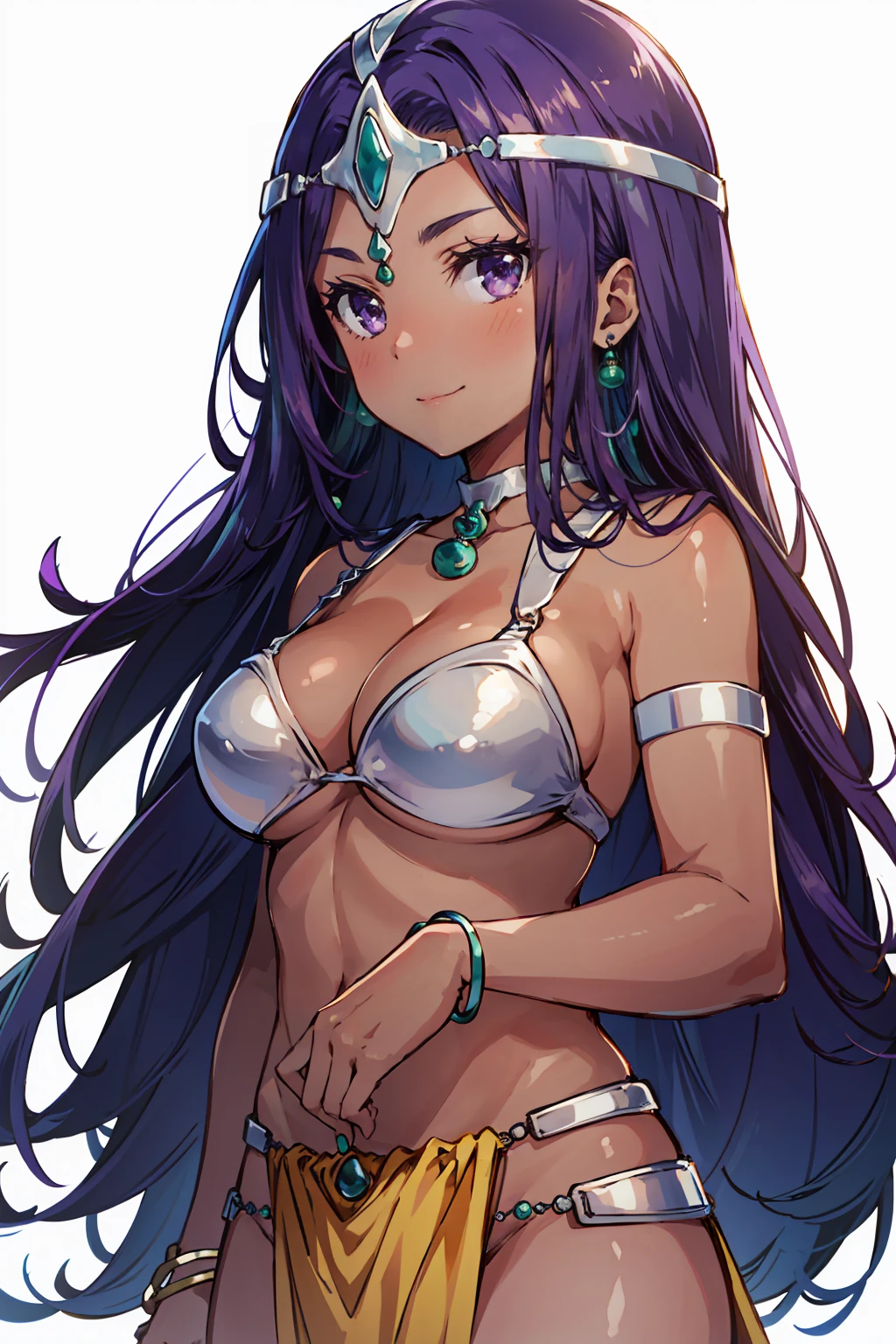 1girl, solo, dqManya, white background, cowboy shot, purple hair, bikini, loincloth, large breasts, cleavage, soft stomach, circlet, earrings, choker, bracelet, armlet, closed mouth, smile, blush